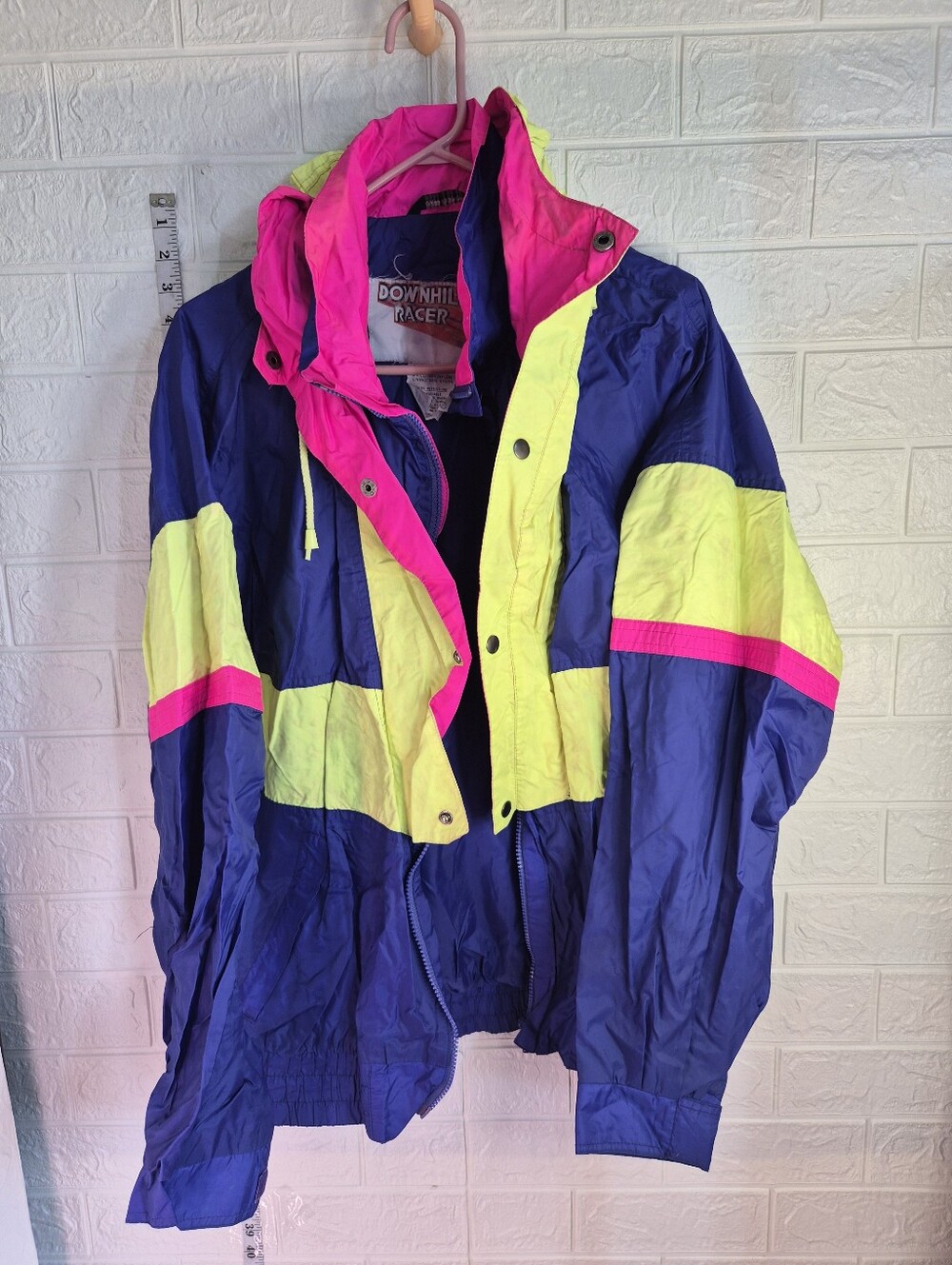 Vintage Downhill Racer hoo colorblock jacket striking blue hot pink yellow Sz L